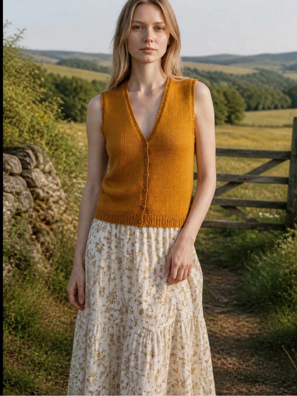 Vintage Mustard Yellow Cottagecore Boho Prairie  Handmade Knit Sweater Vest M - Picture 2 of 10